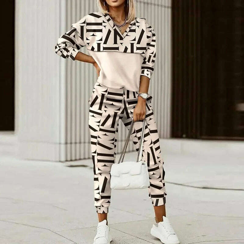 Spring Autumn Lady Casual Long Pants Suit Women Patchwork Zip Top Print Trousers Set Loose High Waist Pants Two Piece Set Outfit - KIMLUD
