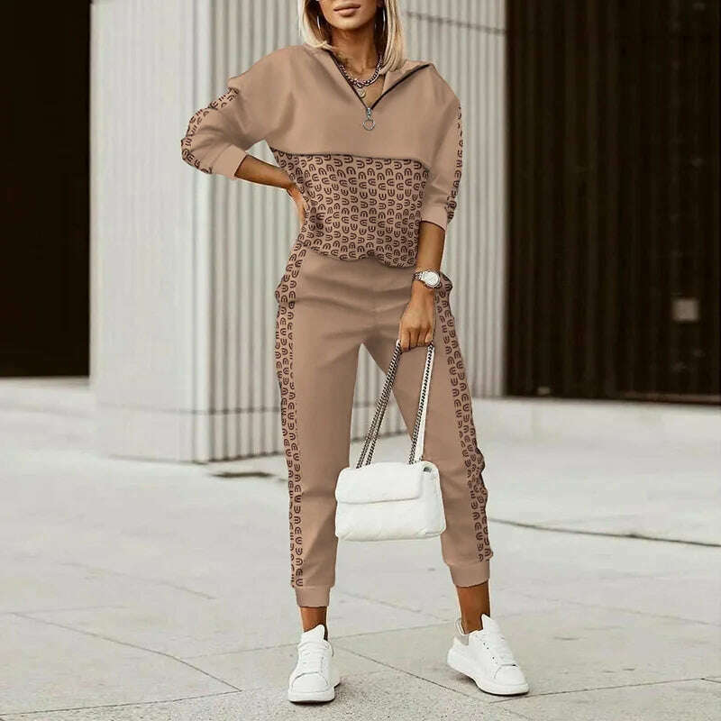 KIMLUD, Spring Autumn Lady Casual Long Pants Suit Women Patchwork Zip Top Print Trousers Set Loose High Waist Pants Two Piece Set Outfit, Light Brown(Hooded) / S, KIMLUD Women's Clothes