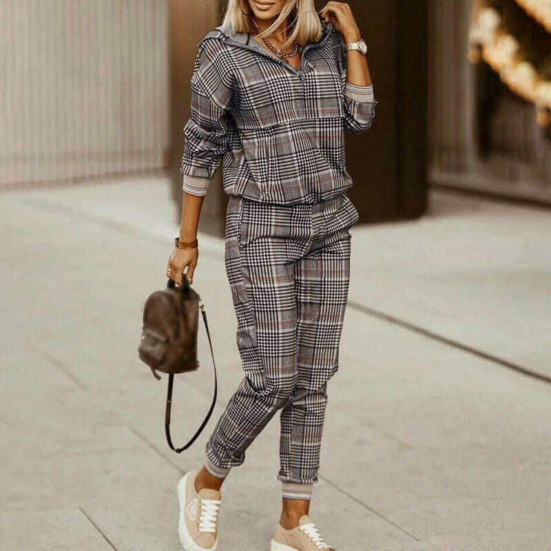 Spring Autumn Lady Casual Long Pants Suit Women Patchwork Zip Top Print Trousers Set Loose High Waist Pants Two Piece Set Outfit - KIMLUD