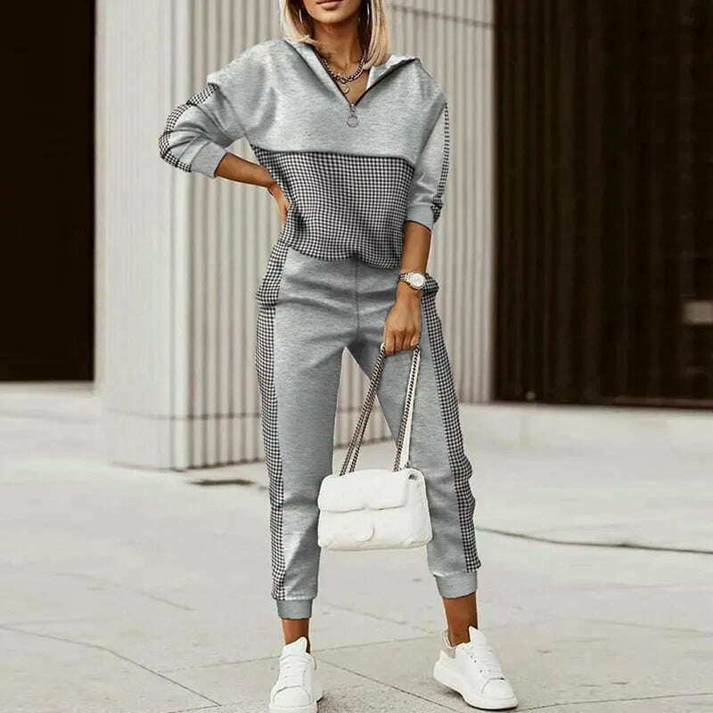 Spring Autumn Lady Casual Long Pants Suit Women Patchwork Zip Top Print Trousers Set Loose High Waist Pants Two Piece Set Outfit - KIMLUD