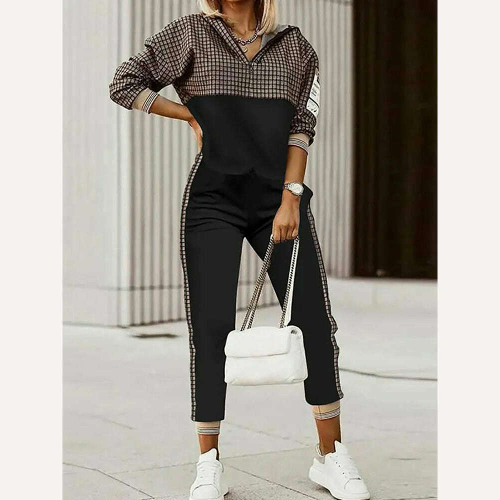 Spring Autumn Lady Casual Long Pants Suit Women Patchwork Zip Top Print Trousers Set Loose High Waist Pants Two Piece Set Outfit - KIMLUD
