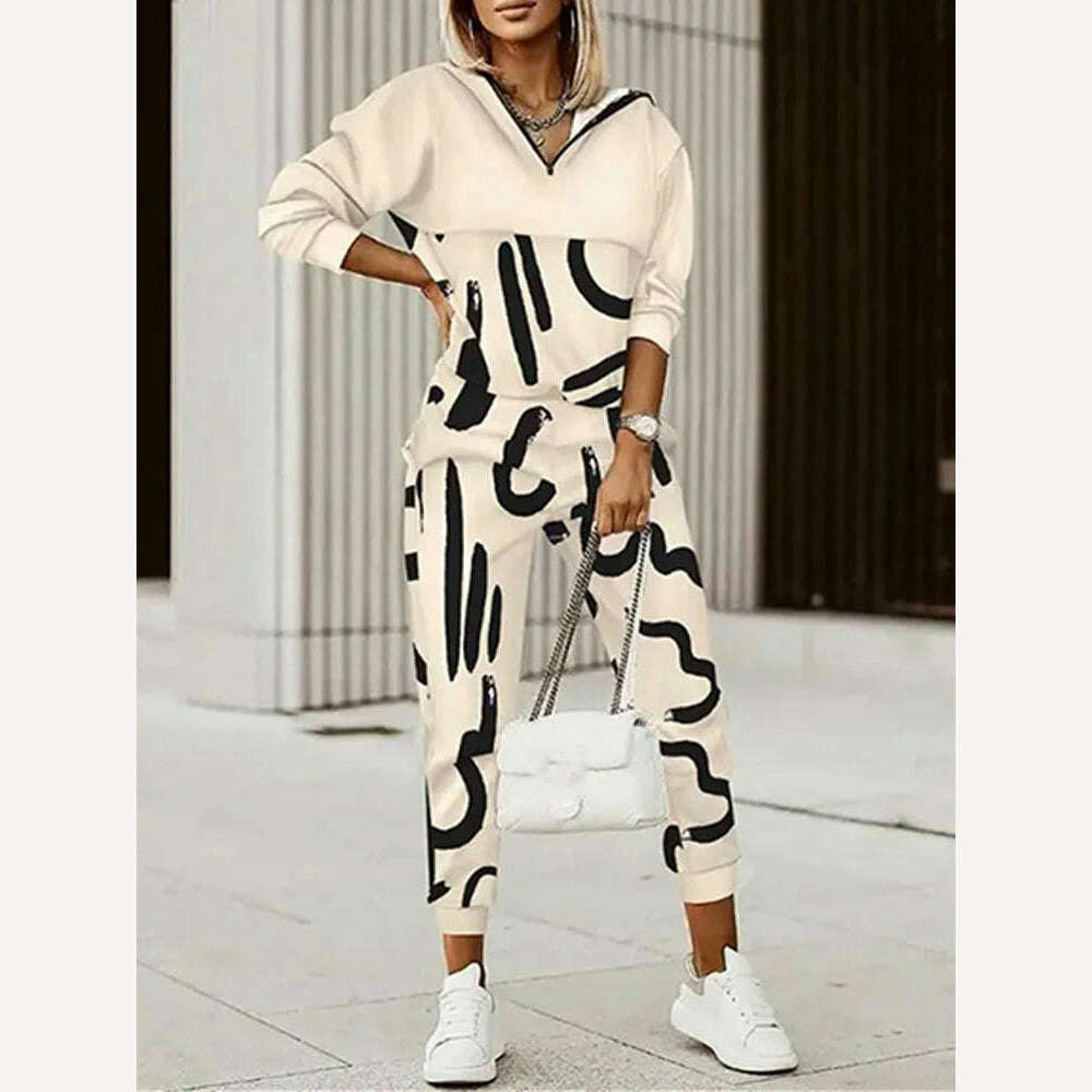 KIMLUD, Spring Autumn Lady Casual Long Pants Suit Women Patchwork Zip Top Print Trousers Set Loose High Waist Pants Two Piece Set Outfit, KIMLUD Womens Clothes