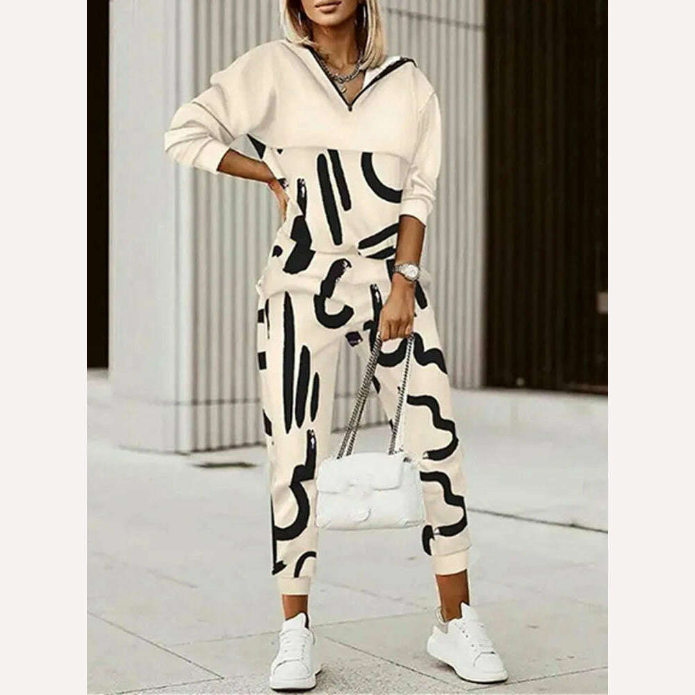 Spring Autumn Lady Casual Long Pants Suit Women Patchwork Zip Top Print Trousers Set Loose High Waist Pants Two Piece Set Outfit - KIMLUD