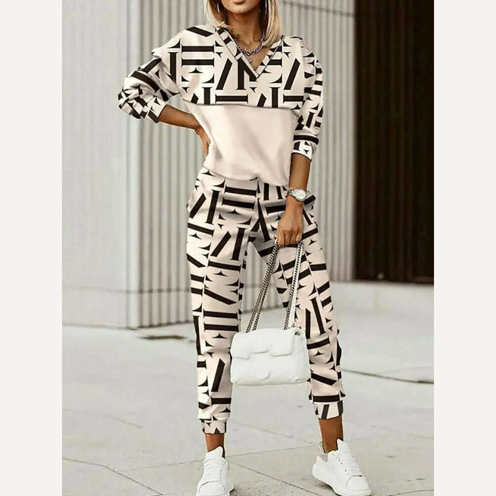 Spring Autumn Lady Casual Long Pants Suit Women Patchwork Zip Top Print Trousers Set Loose High Waist Pants Two Piece Set Outfit - KIMLUD