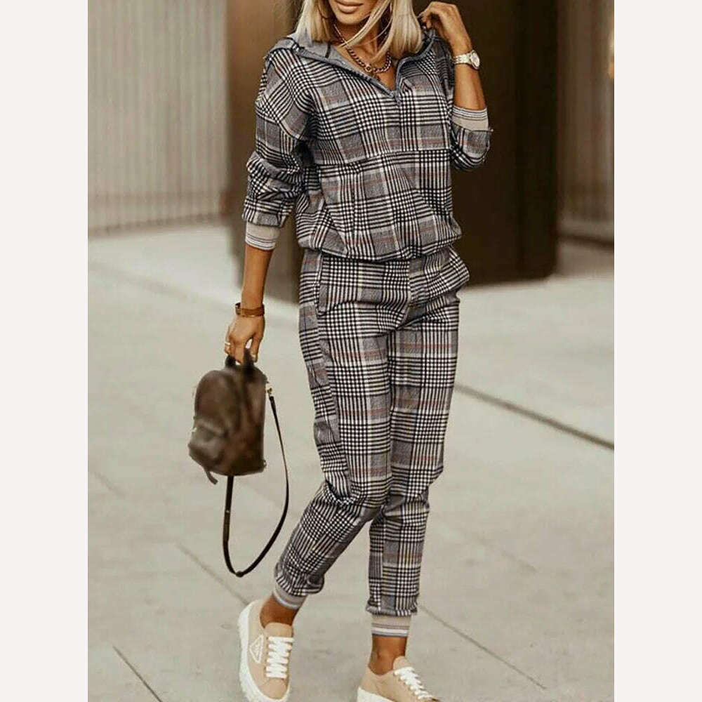 Spring Autumn Lady Casual Long Pants Suit Women Patchwork Zip Top Print Trousers Set Loose High Waist Pants Two Piece Set Outfit - KIMLUD