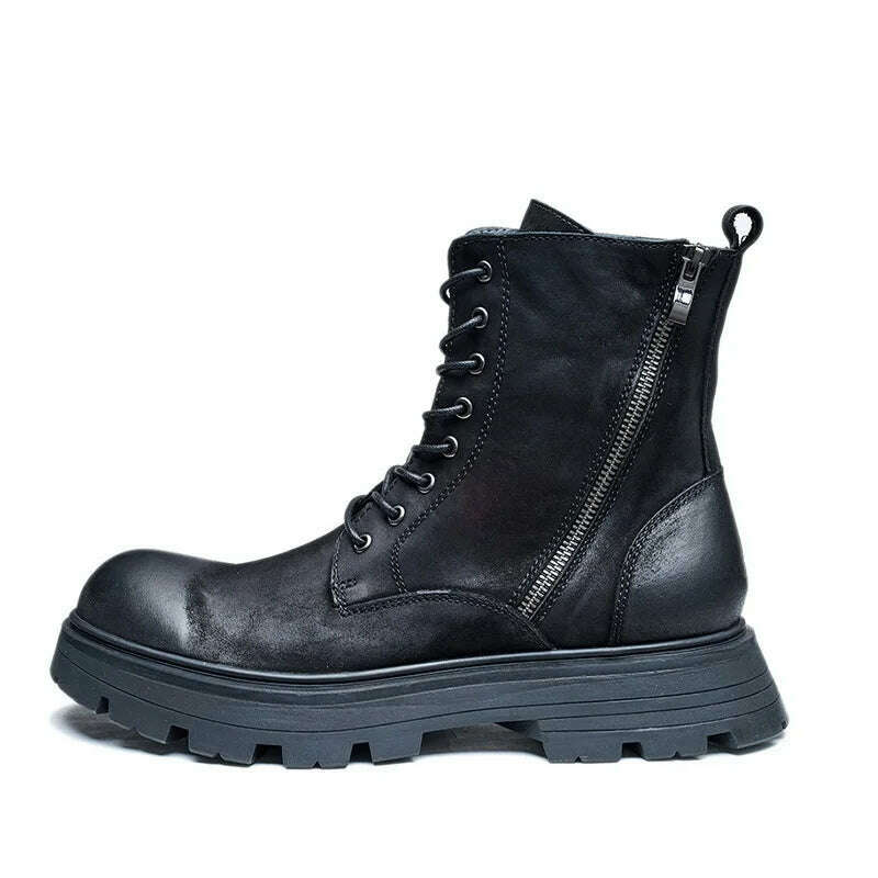 KIMLUD, Spring Autumn New British Style Chunky Bottom Platform Sewing Cross-tied Genuine Leather Men Ankle Short Motorcycle Boots 2308, Black / 6, KIMLUD APPAREL - Womens Clothes