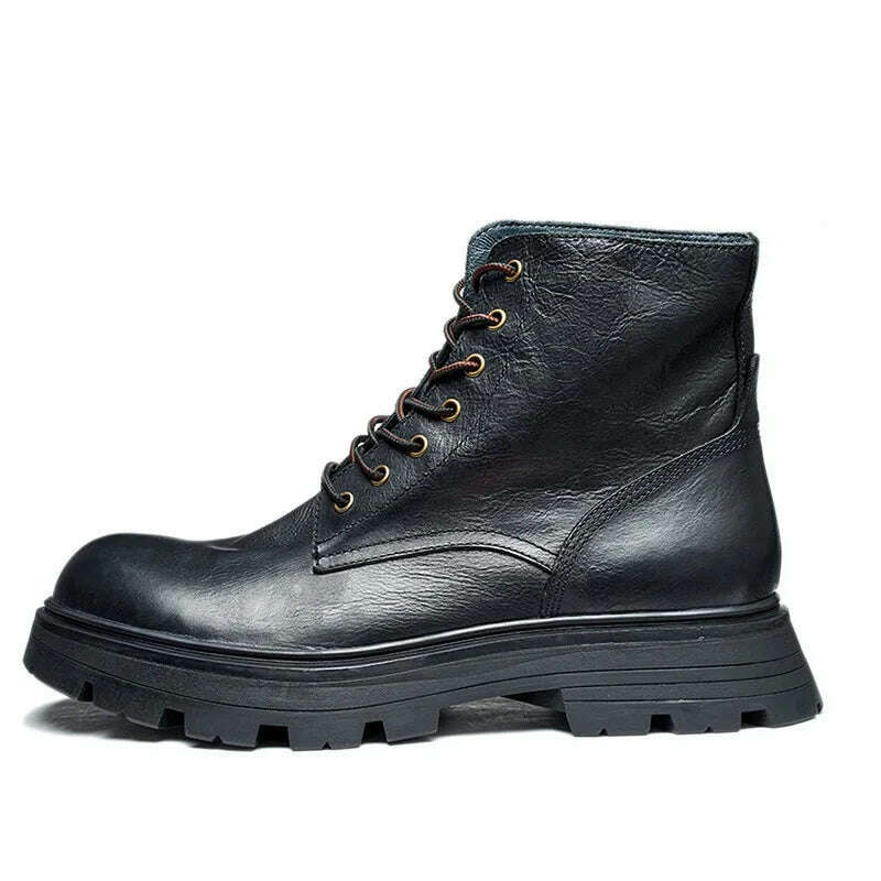 KIMLUD, Spring Autumn New British Style Retro Chunky Bottom Sewing Cross-tied Full Grain Leather Men Ankle Short Motorcycle Boots 2307, Black / 6, KIMLUD APPAREL - Womens Clothes