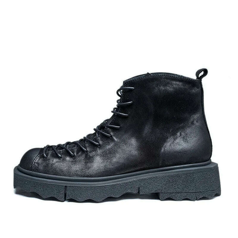 Spring Autumn New British Style Retro Chunky Bottom Sewing Cross-tied Genuine Leather Men Ankle High Top Work Safety Boots 2308 - KIMLUD