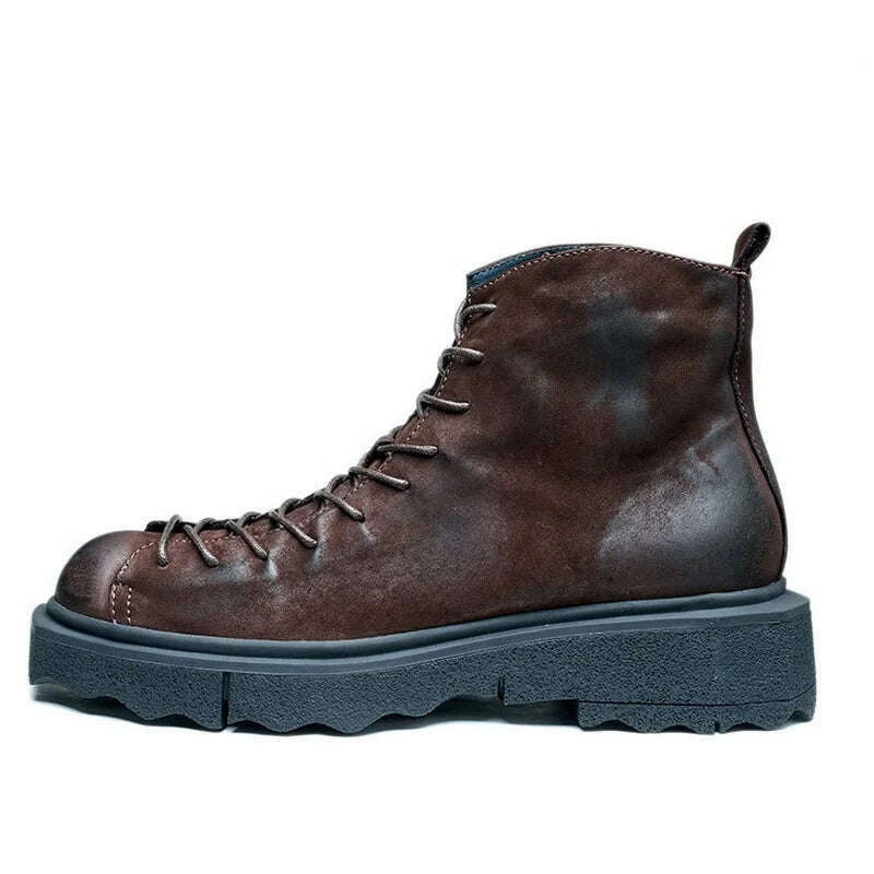 Spring Autumn New British Style Retro Chunky Bottom Sewing Cross-tied Genuine Leather Men Ankle High Top Work Safety Boots 2308 - KIMLUD