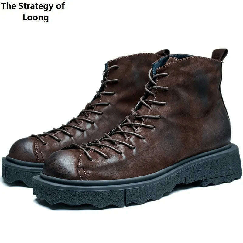 Spring Autumn New British Style Retro Chunky Bottom Sewing Cross-tied Genuine Leather Men Ankle High Top Work Safety Boots 2308 - KIMLUD