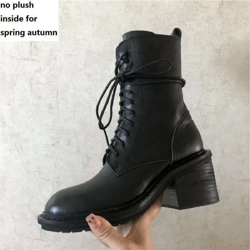 KIMLUD, Spring Autumn New British Style Retro Thick High Heels Sewing Cross-tied Genuine Leather Women Mid-Calf Half Motorcycle Boots, Spring Autumn Black / 5, KIMLUD Women's Clothes