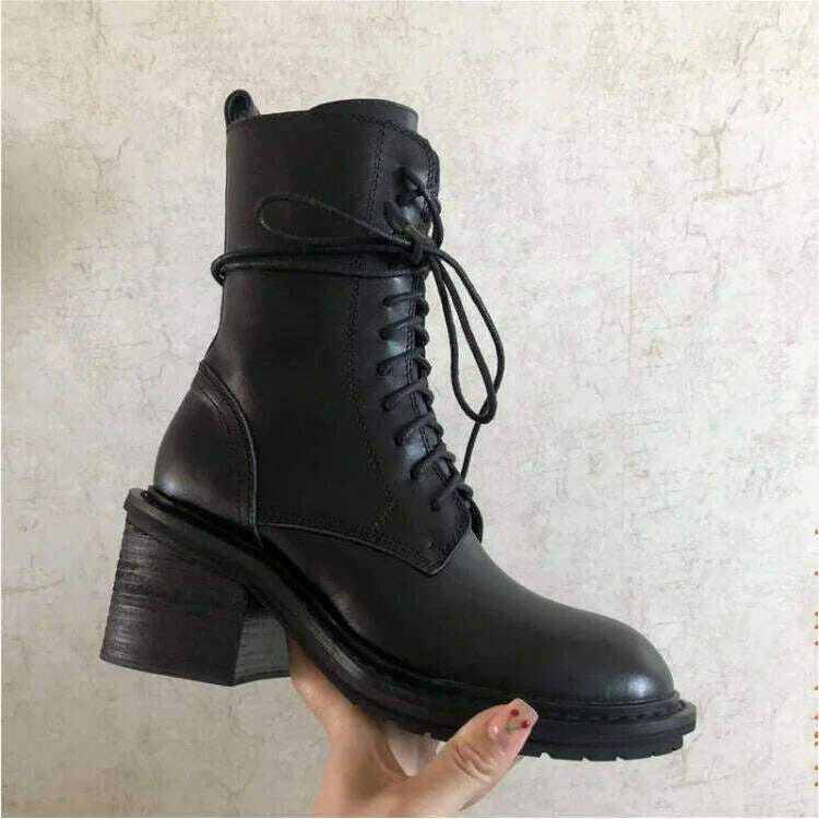 KIMLUD, Spring Autumn New British Style Retro Thick High Heels Sewing Cross-tied Genuine Leather Women Mid-Calf Half Motorcycle Boots, KIMLUD Womens Clothes
