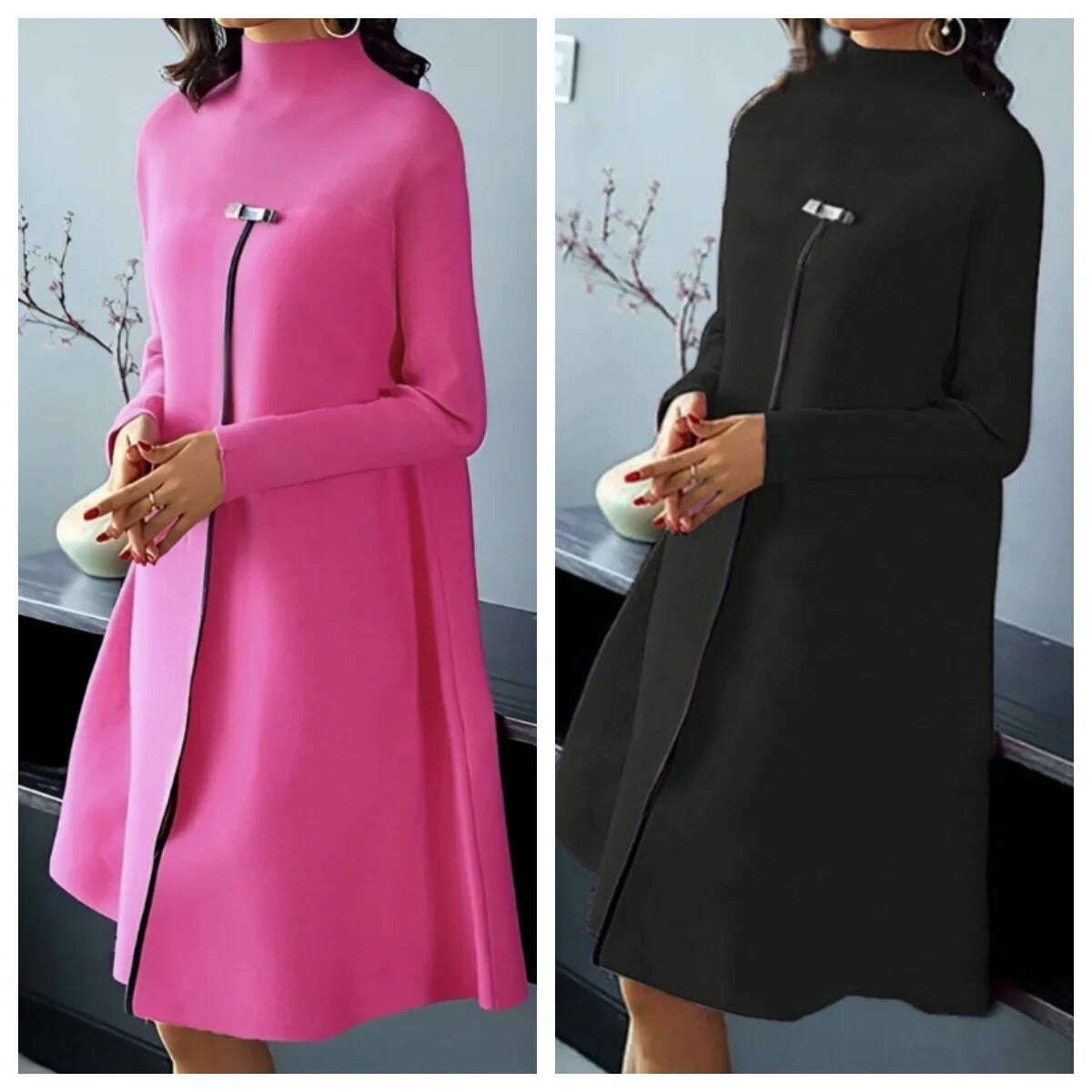 KIMLUD, Spring Autumn New Fashion Temperament Style Long Sleeve Dress Elegant Women Round Neck Casual Loose High Split Design Dresses, KIMLUD Womens Clothes