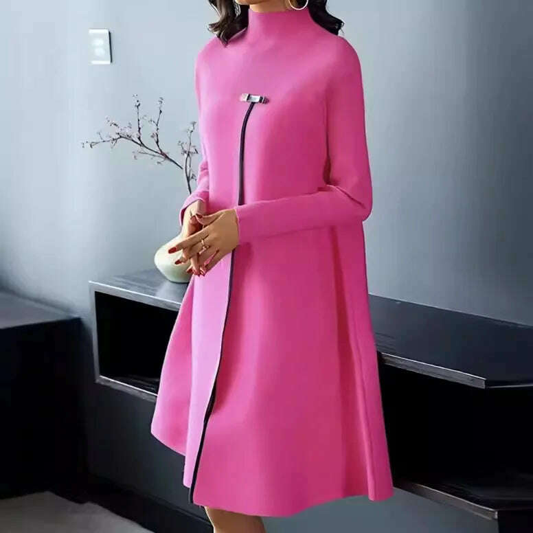 KIMLUD, Spring Autumn New Fashion Temperament Style Long Sleeve Dress Elegant Women Round Neck Casual Loose High Split Design Dresses, KIMLUD Womens Clothes