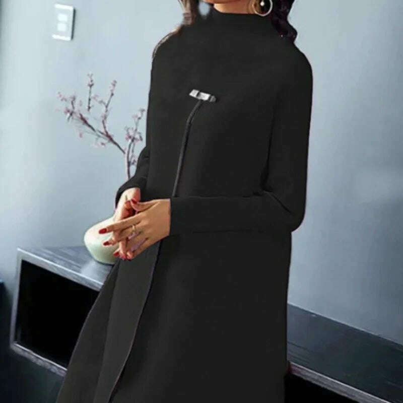 KIMLUD, Spring Autumn New Fashion Temperament Style Long Sleeve Dress Elegant Women Round Neck Casual Loose High Split Design Dresses, KIMLUD Womens Clothes