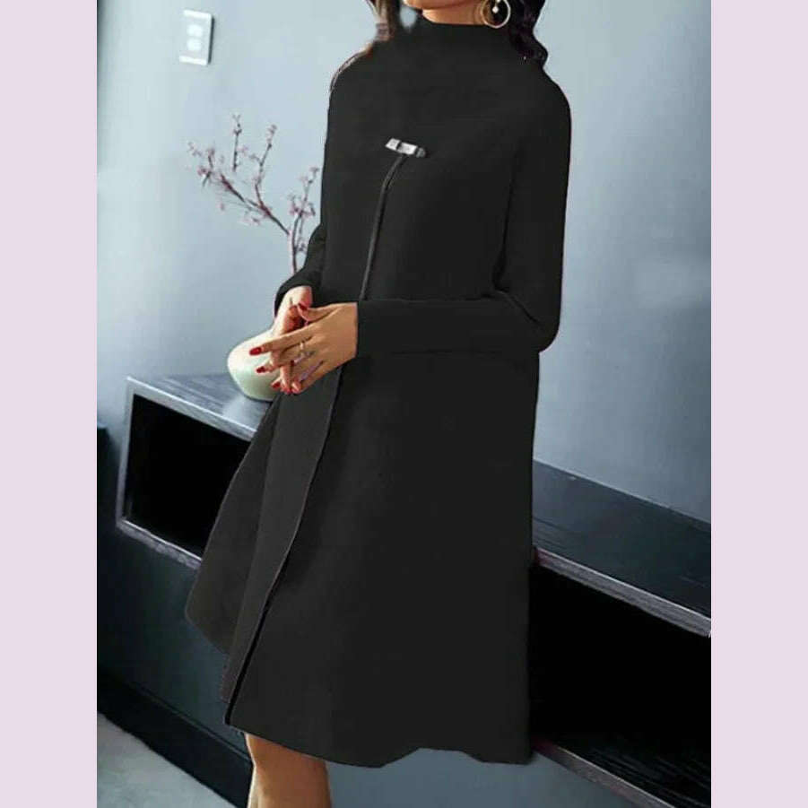 KIMLUD, Spring Autumn New Fashion Temperament Style Long Sleeve Dress Elegant Women Round Neck Casual Loose High Split Design Dresses, black / L, KIMLUD APPAREL - Womens Clothes