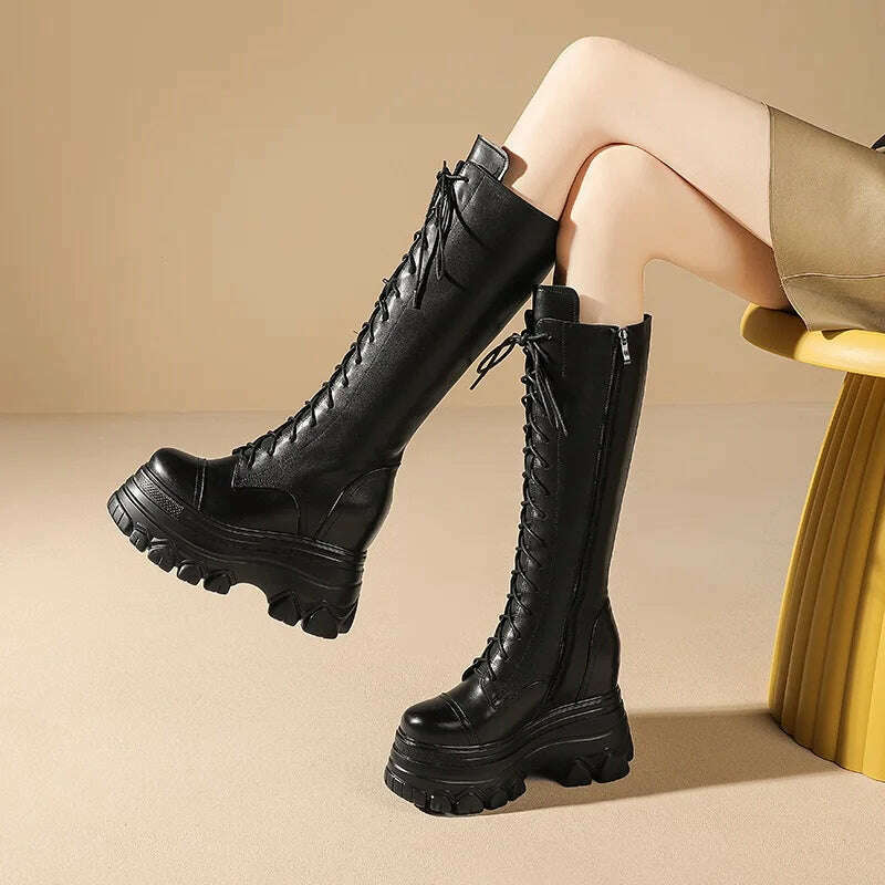 KIMLUD, Spring Autumn New Slim Height Increasing Platform Cross-tied Genuine Leather Women Knee-High Long Modern Boots Winter Plush 2308, KIMLUD Women's Clothes
