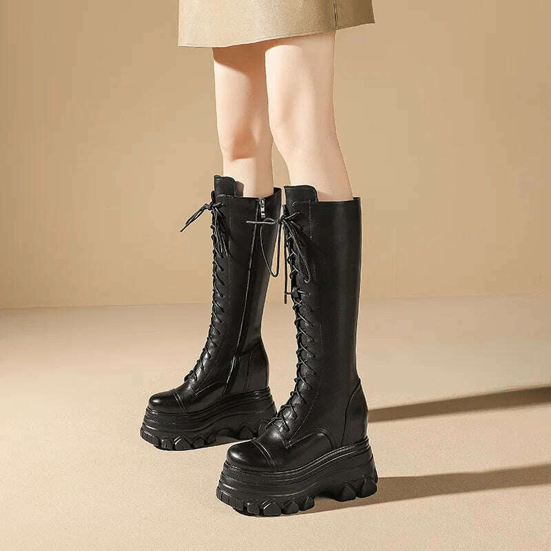 KIMLUD, Spring Autumn New Slim Height Increasing Platform Cross-tied Genuine Leather Women Knee-High Long Modern Boots Winter Plush 2308, KIMLUD Womens Clothes
