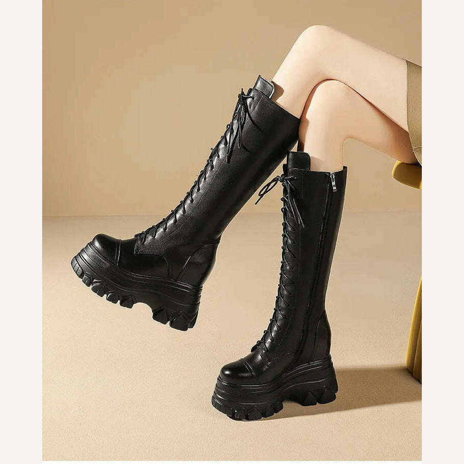 KIMLUD, Spring Autumn New Slim Height Increasing Platform Cross-tied Genuine Leather Women Knee-High Long Modern Boots Winter Plush 2308, KIMLUD Womens Clothes