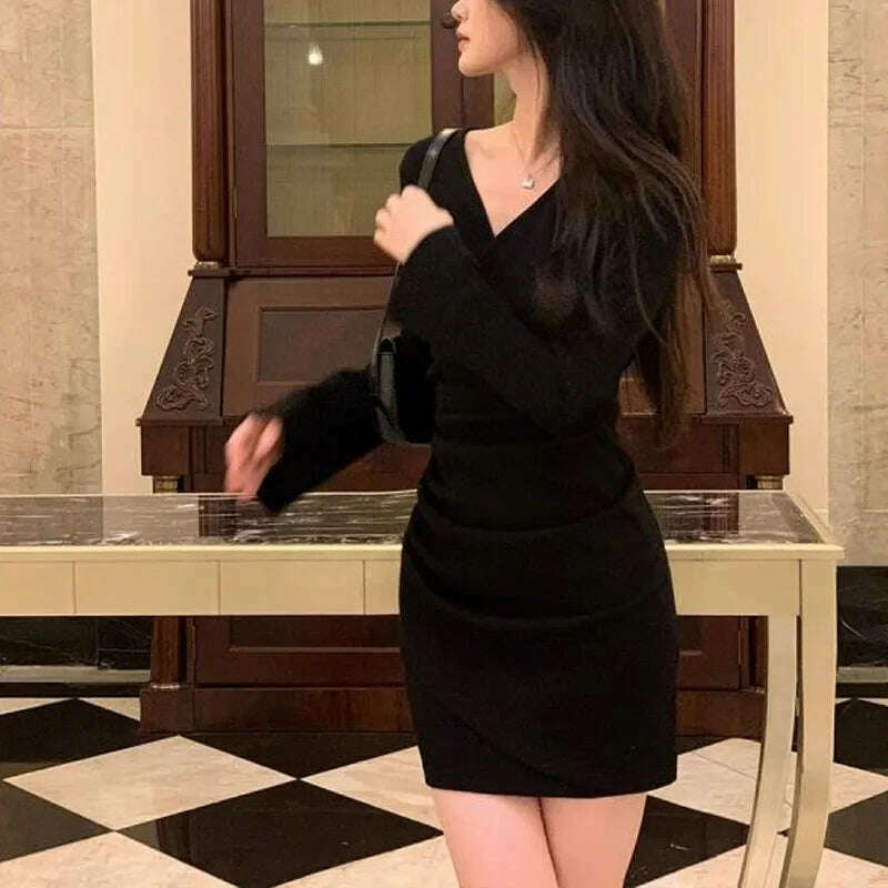 KIMLUD, Spring Autumn New Women's Solid Color V-neck with Waistband Pleats Long Sleeve Fashion Elegant Slim Office Lady Bag Hip Dress, KIMLUD Womens Clothes