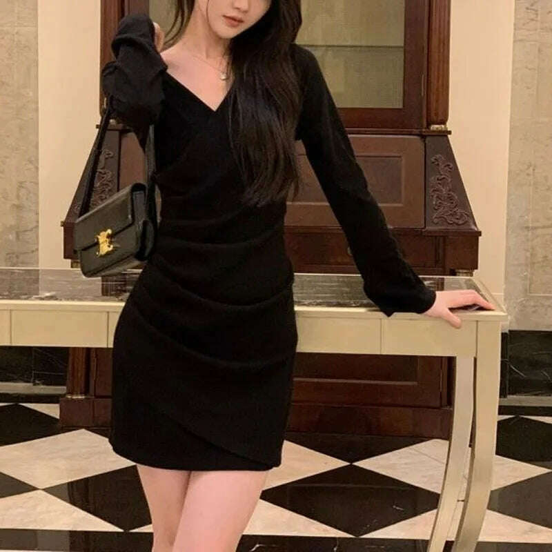 KIMLUD, Spring Autumn New Women's Solid Color V-neck with Waistband Pleats Long Sleeve Fashion Elegant Slim Office Lady Bag Hip Dress, KIMLUD Women's Clothes