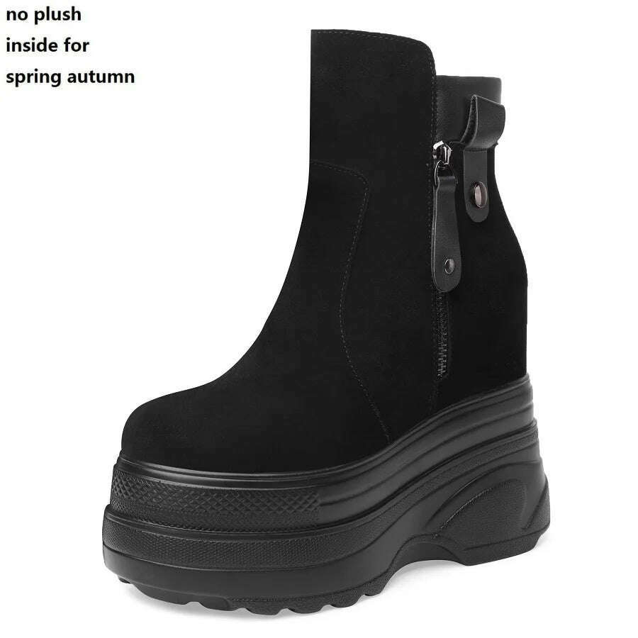 KIMLUD, Spring Autumn Slim 14CM Super High Heels Height Increasing Platform Genuine Leather Women Mid-Calf Modern Boots Winter Plush 230, Spring Autumn Black / 4.5, KIMLUD Women's Clothes