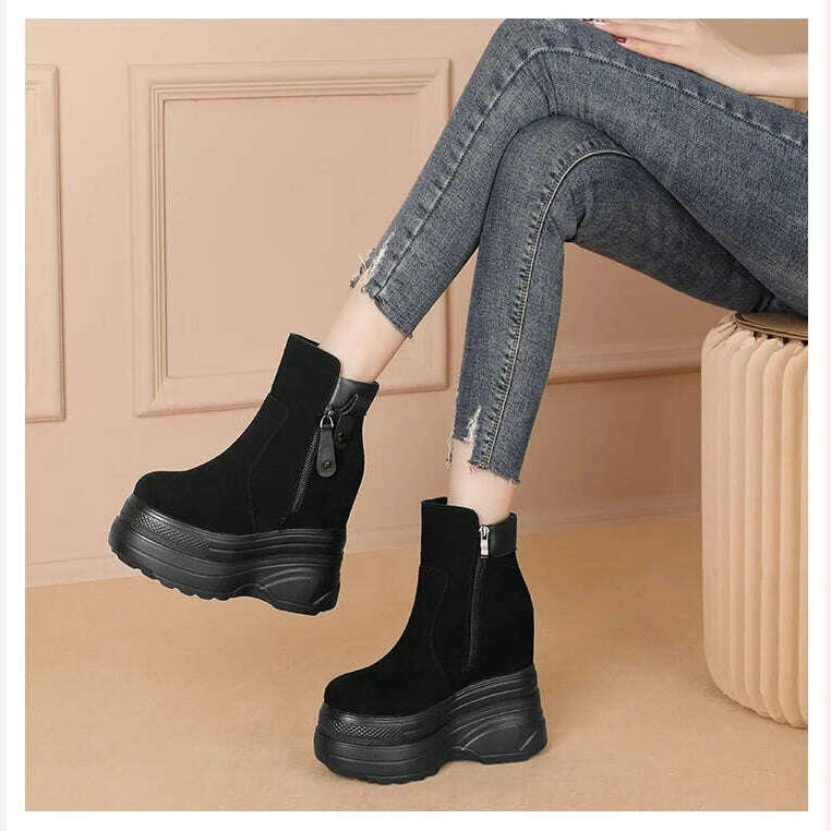 KIMLUD, Spring Autumn Slim 14CM Super High Heels Height Increasing Platform Genuine Leather Women Mid-Calf Modern Boots Winter Plush 230, KIMLUD Womens Clothes