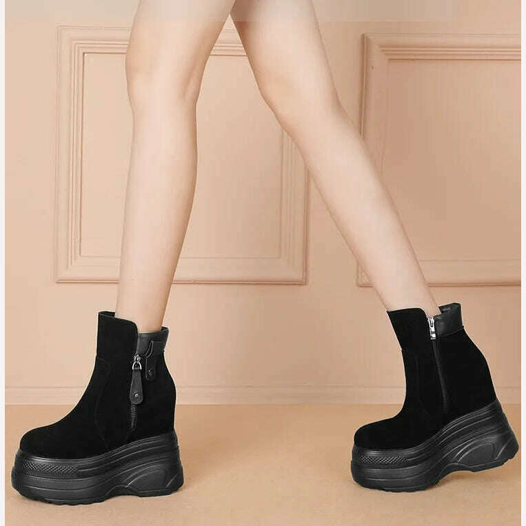 KIMLUD, Spring Autumn Slim 14CM Super High Heels Height Increasing Platform Genuine Leather Women Mid-Calf Modern Boots Winter Plush 230, KIMLUD Womens Clothes