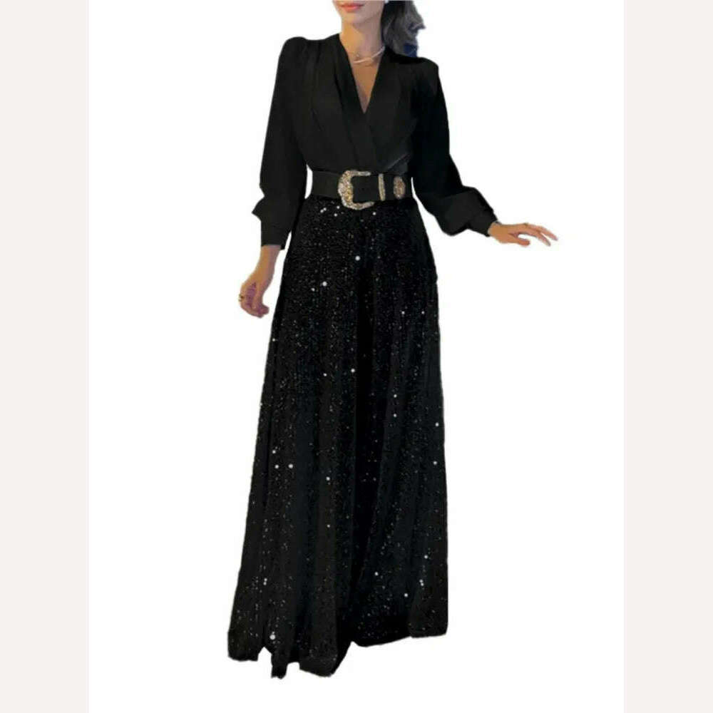 Spring Autumn Solid Color Sexy Deep V Neck Dinner Women Jumpsuit Shirt Sequins Slim Elegant Female Fashion Wide Leg Piece Pants - KIMLUD