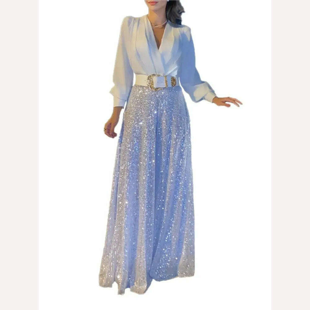 Spring Autumn Solid Color Sexy Deep V Neck Dinner Women Jumpsuit Shirt Sequins Slim Elegant Female Fashion Wide Leg Piece Pants - KIMLUD