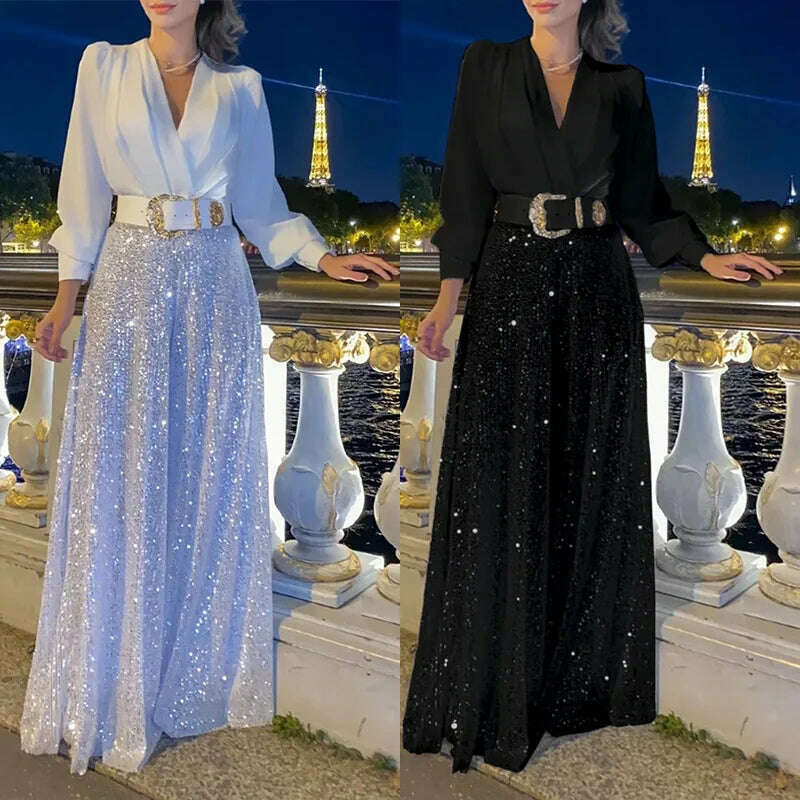 Spring Autumn Solid Color Sexy Deep V Neck Dinner Women Jumpsuit Shirt Sequins Slim Elegant Female Fashion Wide Leg Piece Pants - KIMLUD