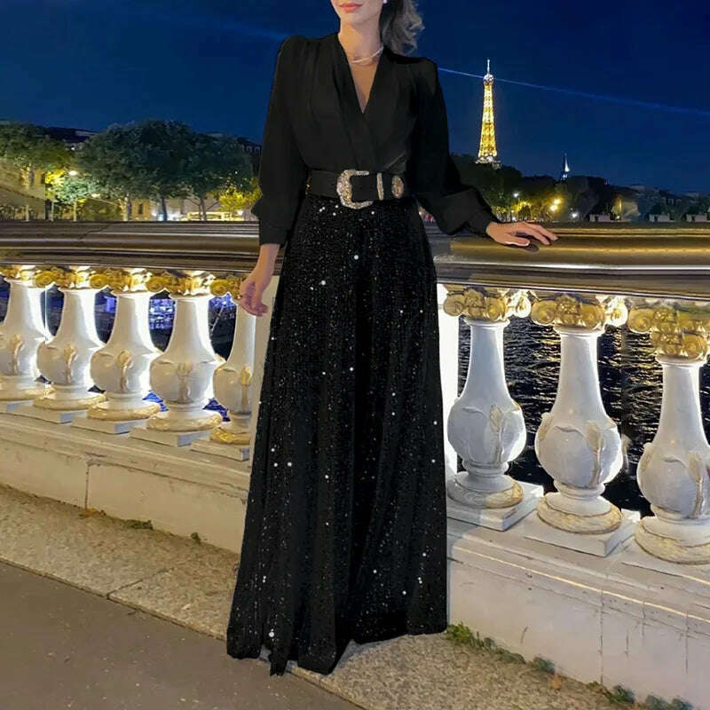 Spring Autumn Solid Color Sexy Deep V Neck Dinner Women Jumpsuit Shirt Sequins Slim Elegant Female Fashion Wide Leg Piece Pants - KIMLUD
