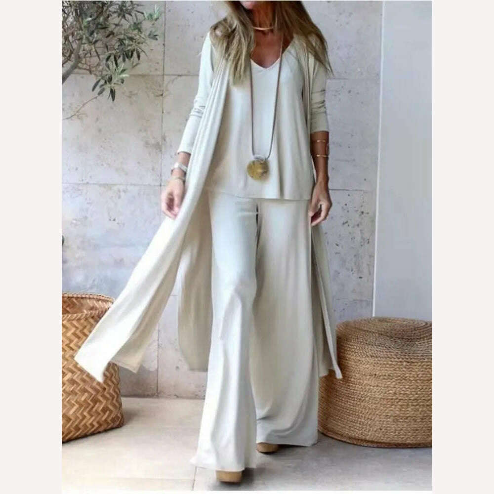 Spring Autumn Women New Casual Loose 3 Piece Set Fashion V-neck Halters + Straight Pants + Long Cardigan Female Solid Color Suit - KIMLUD