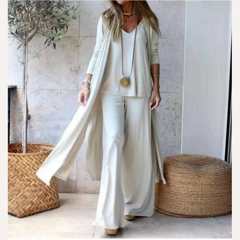 KIMLUD, Spring Autumn Women New Casual Loose 3 Piece Set Fashion V-neck Halters + Straight Pants + Long Cardigan Female Solid Color Suit, KIMLUD Women's Clothes