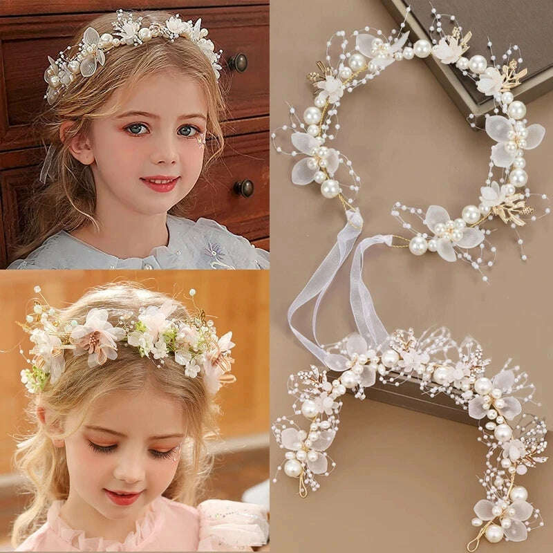 KIMLUD, Spring Bohemian Girls Bridal Pearl Hair Headdress Flower Wreath Bride Garland Head Hoop Headbands Hair Jewelry Children Gifts, KIMLUD Womens Clothes