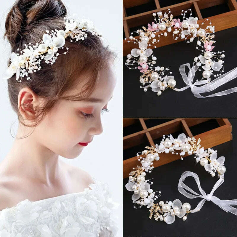 Spring Bohemian Girls Bridal Pearl Hair Headdress Flower Wreath Bride Garland Head Hoop Headbands Hair Jewelry Children Gifts - KIMLUD