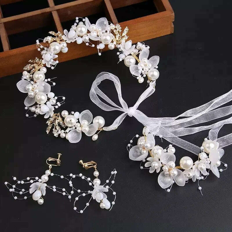 Spring Bohemian Girls Bridal Pearl Hair Headdress Flower Wreath Bride Garland Head Hoop Headbands Hair Jewelry Children Gifts - KIMLUD