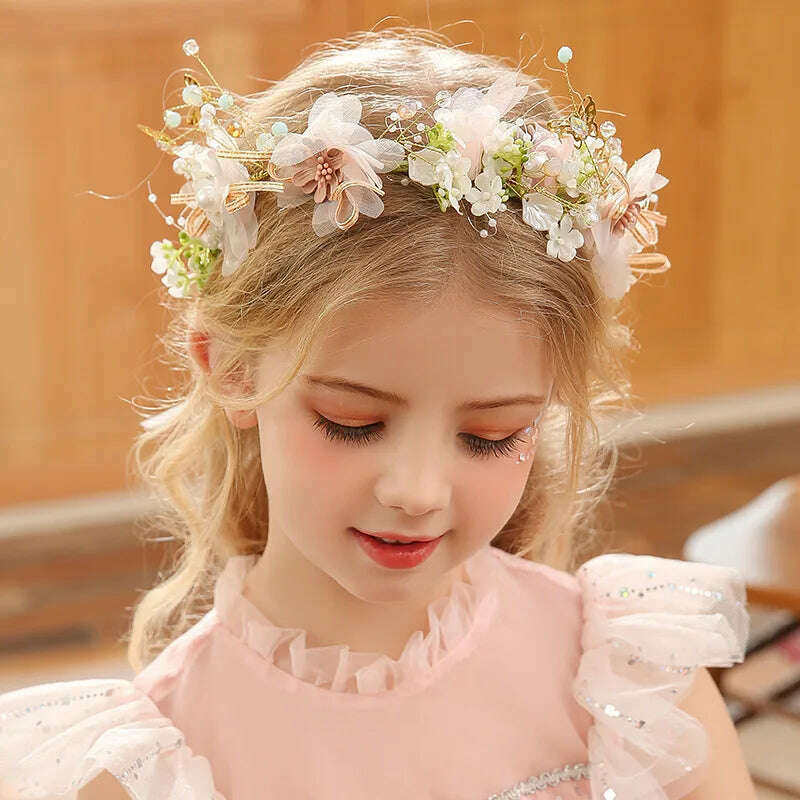 Spring Bohemian Girls Bridal Pearl Hair Headdress Flower Wreath Bride Garland Head Hoop Headbands Hair Jewelry Children Gifts - KIMLUD