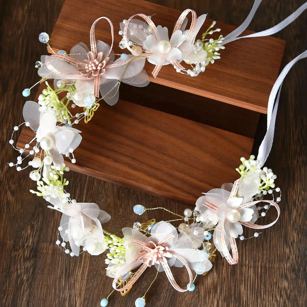 Spring Bohemian Girls Bridal Pearl Hair Headdress Flower Wreath Bride Garland Head Hoop Headbands Hair Jewelry Children Gifts - KIMLUD