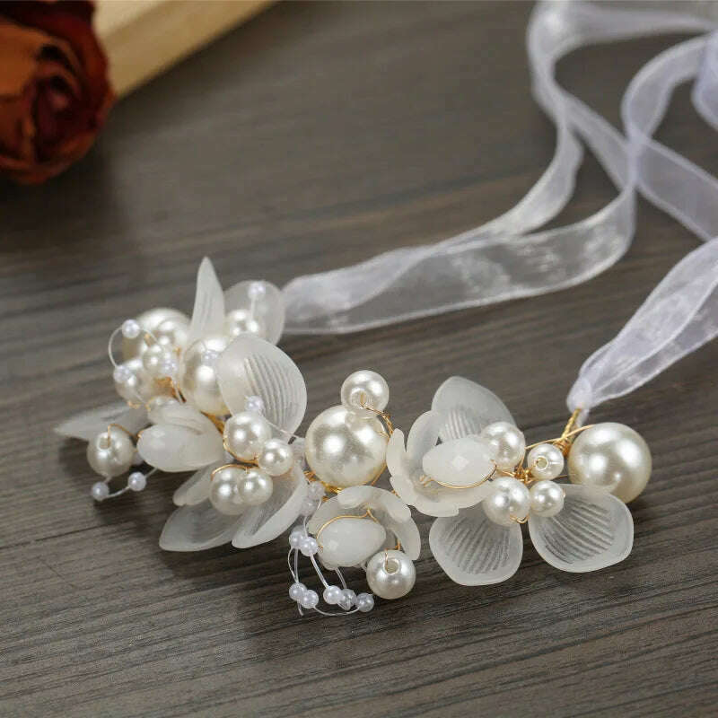 Spring Bohemian Girls Bridal Pearl Hair Headdress Flower Wreath Bride Garland Head Hoop Headbands Hair Jewelry Children Gifts - KIMLUD