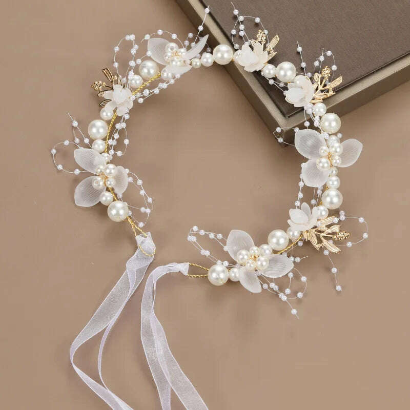 Spring Bohemian Girls Bridal Pearl Hair Headdress Flower Wreath Bride Garland Head Hoop Headbands Hair Jewelry Children Gifts - KIMLUD