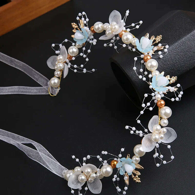 Spring Bohemian Girls Bridal Pearl Hair Headdress Flower Wreath Bride Garland Head Hoop Headbands Hair Jewelry Children Gifts - KIMLUD