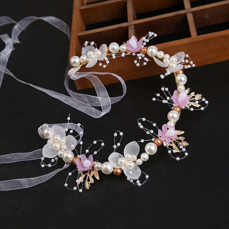 Spring Bohemian Girls Bridal Pearl Hair Headdress Flower Wreath Bride Garland Head Hoop Headbands Hair Jewelry Children Gifts - KIMLUD