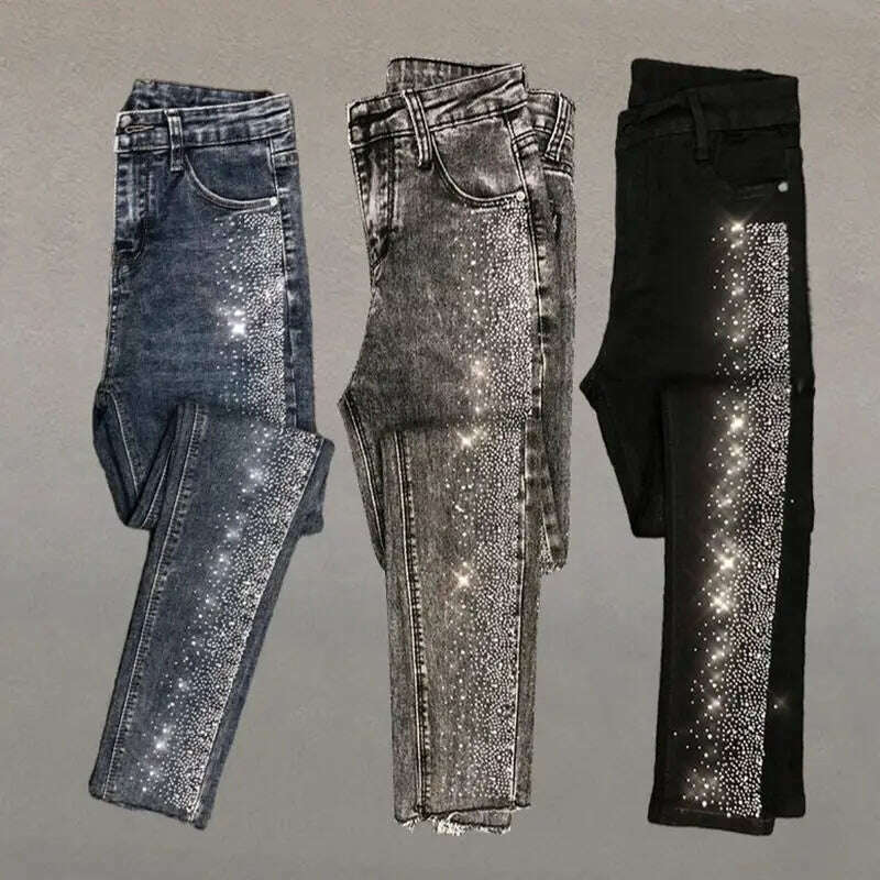 Spring Fall Women Vintage Black Diamonds High Waisted Jeans Woman Ankle-length Blue Denim Pant Streetwear Trousers - KIMLUD
