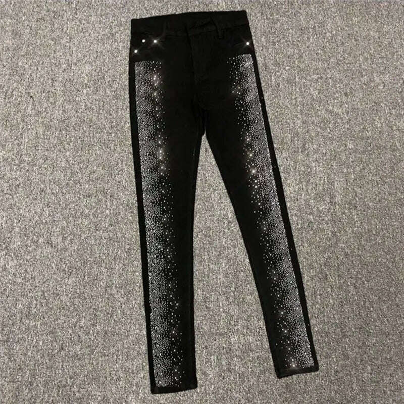 Spring Fall Women Vintage Black Diamonds High Waisted Jeans Woman Ankle-length Blue Denim Pant Streetwear Trousers - KIMLUD