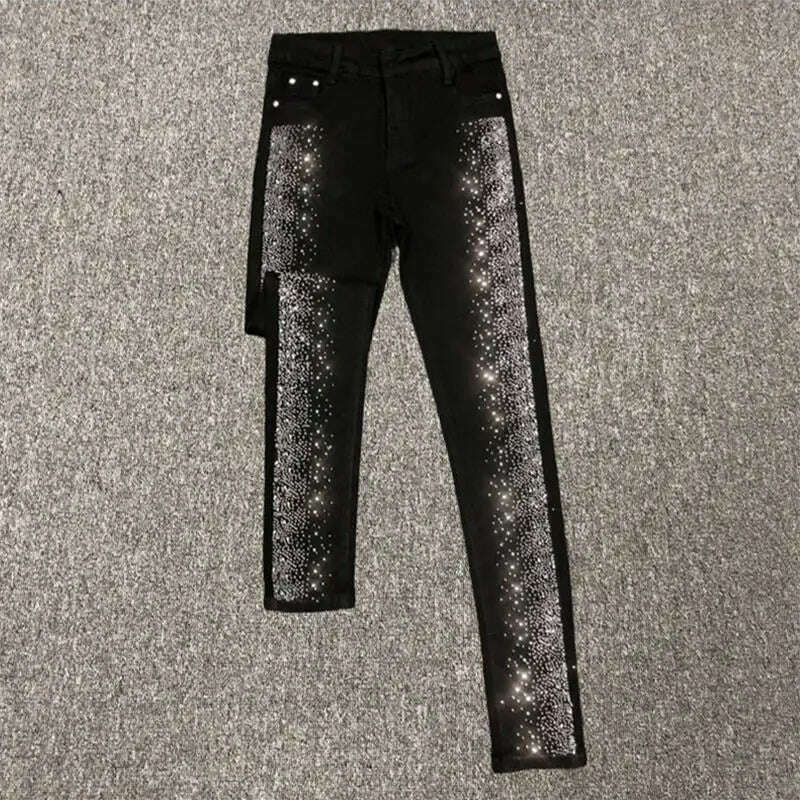 Spring Fall Women Vintage Black Diamonds High Waisted Jeans Woman Ankle-length Blue Denim Pant Streetwear Trousers - KIMLUD