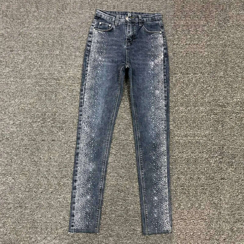 Spring Fall Women Vintage Black Diamonds High Waisted Jeans Woman Ankle-length Blue Denim Pant Streetwear Trousers - KIMLUD