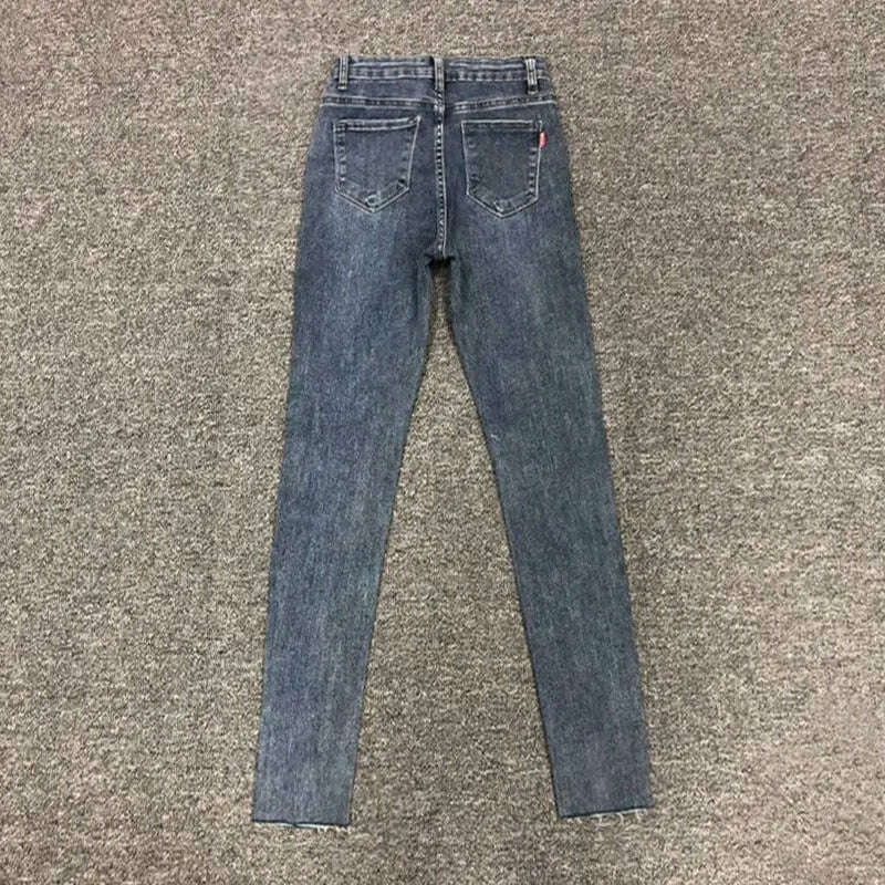 Spring Fall Women Vintage Black Diamonds High Waisted Jeans Woman Ankle-length Blue Denim Pant Streetwear Trousers - KIMLUD