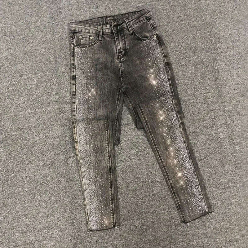 Spring Fall Women Vintage Black Diamonds High Waisted Jeans Woman Ankle-length Blue Denim Pant Streetwear Trousers - KIMLUD