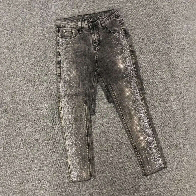 Spring Fall Women Vintage Black Diamonds High Waisted Jeans Woman Ankle-length Blue Denim Pant Streetwear Trousers - KIMLUD